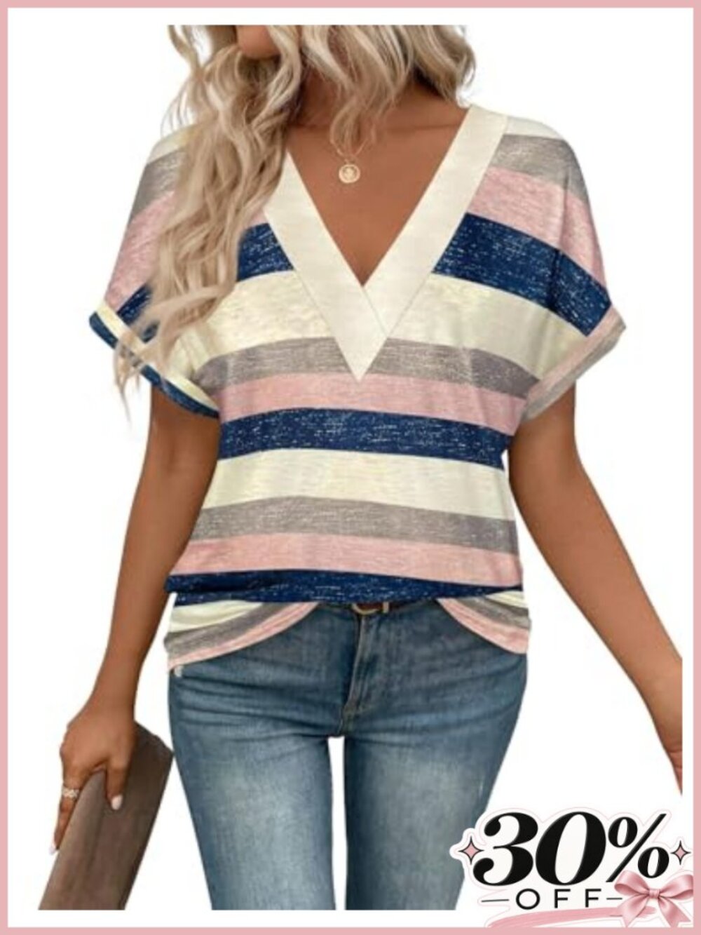 Women V Neck Short Sleeve T Shirt Polyester Spandex Loose Fit Casual Top